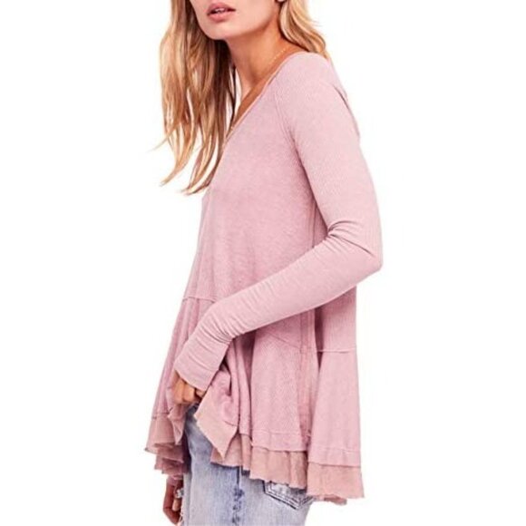 Free People Pale Pink Mauve Ruffled Hem Long Sleeve Tunic Top - Picture 7 of 16